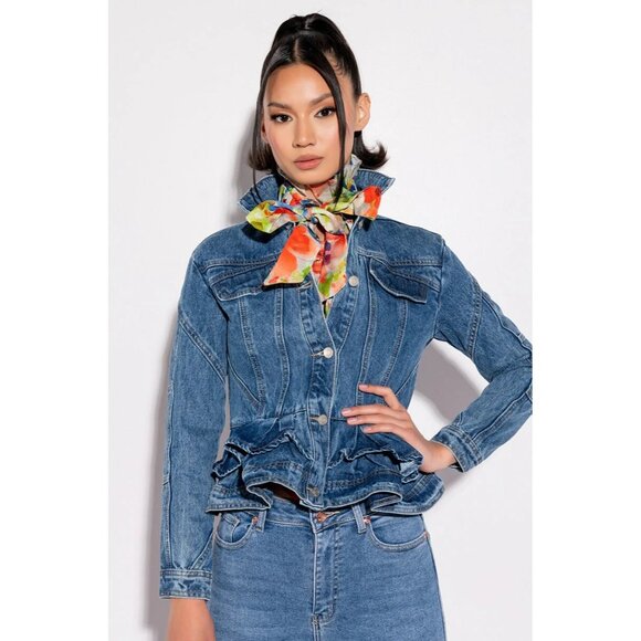 Azalea Wang  Blue Denim Ruffled Peplum Jacket Size Medium 100% Cotton - Picture 4 of 12